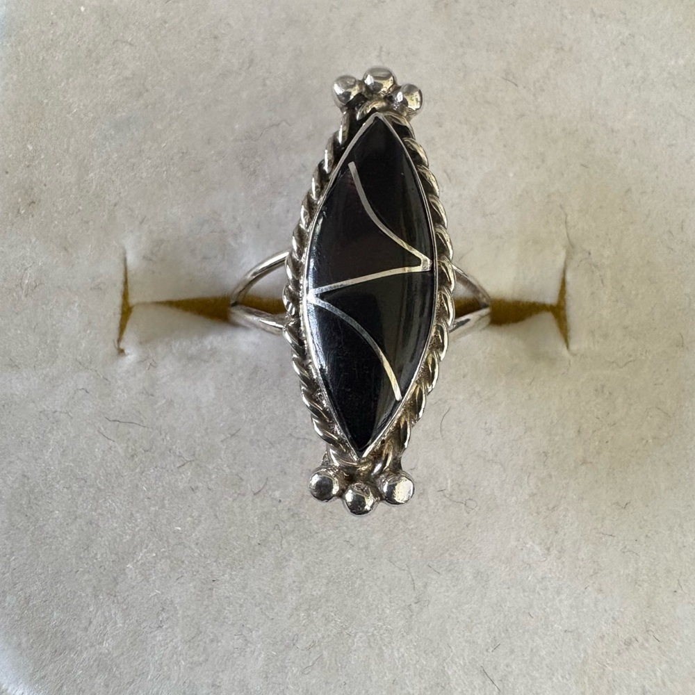 Marquise Shadowbox Black & Silver Pinky Ring. Size 3 3/4 Hand-crafted.
